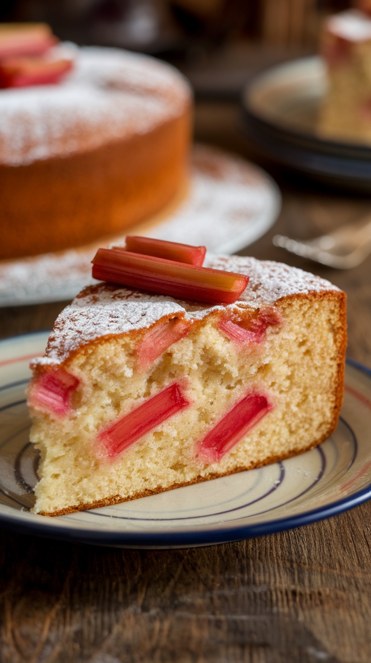 Tangy Rhubarb Cake Recipe A slice of rhubarb cake dusted with powdered sugar, garnished with fresh rhubarb, on a rustic wooden table.